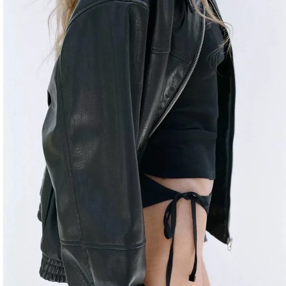 Zara Black Leather Bomber Jacket for Women - Picture 6 of 6